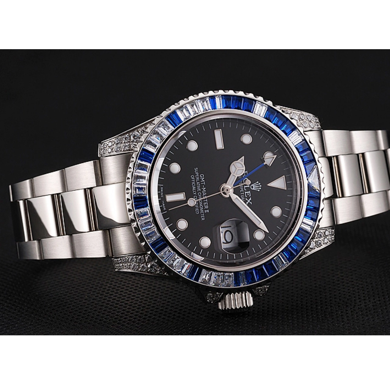 Best AAA Replica Sites Set Bracelet Dial Master Case Steel Stone Stainless Rolex Swiss Black 1453747 GMT II Bezel And 0620